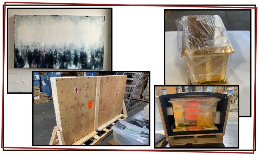 A collage shows an abstract painting, a gold object wrapped in plastic, and a black case with contents ready to ship valuables—all arranged in a warehouse or shipping environment typical of the Pacific Northwest.