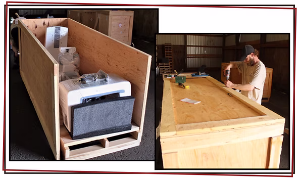 A large wooden crate contains a white appliance and foam padding. Next to it, a person uses a power tool to secure the lid on a similar crate—possibly preparing to resell used medical equipment—in a warehouse with wooden pallets in the background.