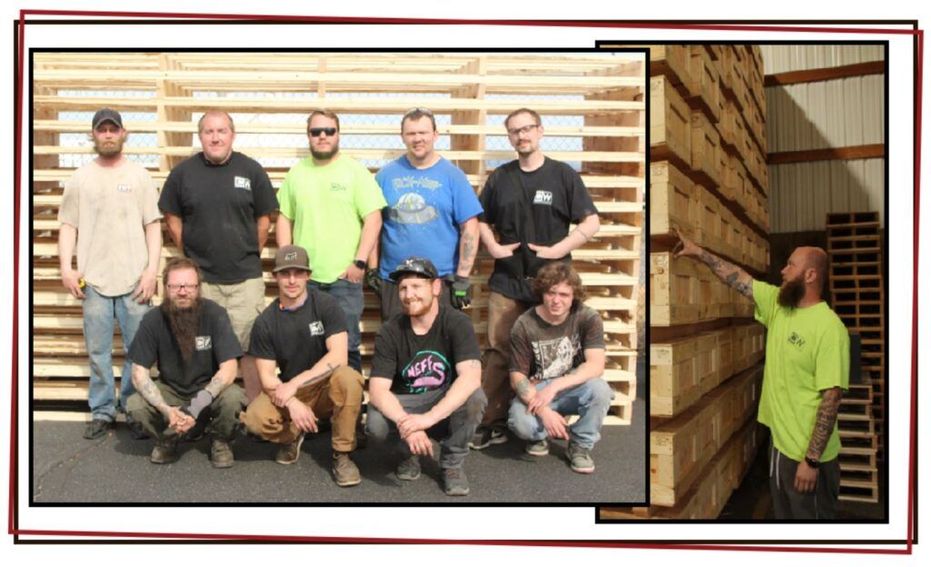 A group of nine men pose in front of stacked wooden pallets outdoors—a snapshot of teamwork and great jobs. Another photo shows a man in a neon green shirt standing indoors by more pallets, touching one of the top crates.