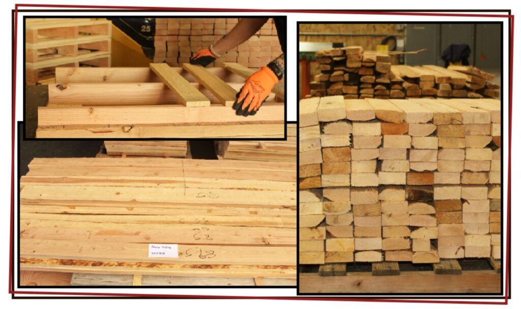 Three images: a person in orange gloves stacks planks of wood, a close-up of tagged wooden planks, and a large stack of boards in a workshop—capturing the impact of high lumber prices in 2021 on woodworking.
